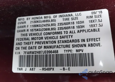 2018 Honda Cr-V Ex-L/Ex-L Navi from USA, damaged, VIN 7FARW2H87JE096468